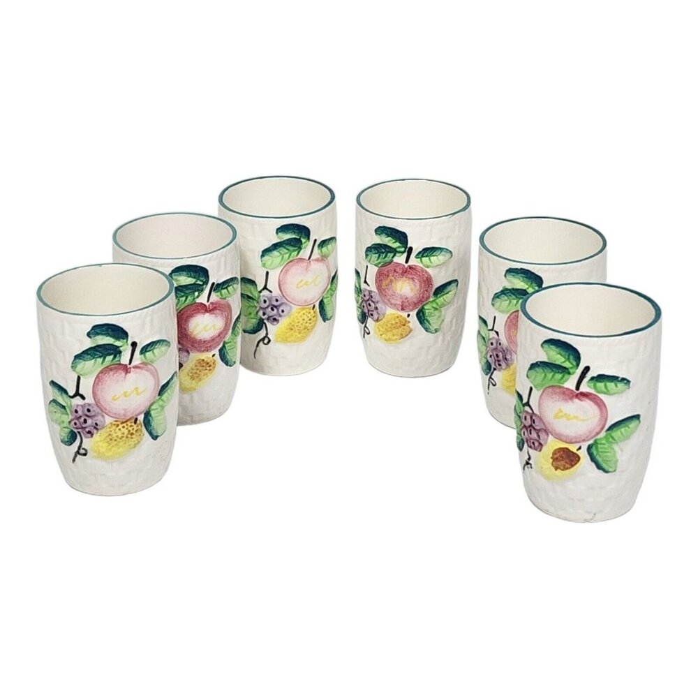 Vtg Basket Weave Pottery Cups Hand Painted Fruit Ceramic Cup Set (6) MCM Glasses